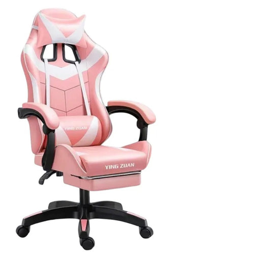 SILLA GAMER CON REPOSAPIES ROSADO Y BLANCO