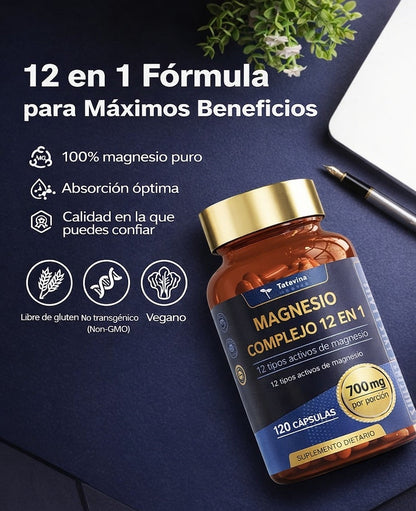 MAGNESIO 12 EN 1 DE ALTA ABSORCIÓN – ENERGÍA, SUEÑO Y RELAJACIÓN – 120 CÁPSULAS