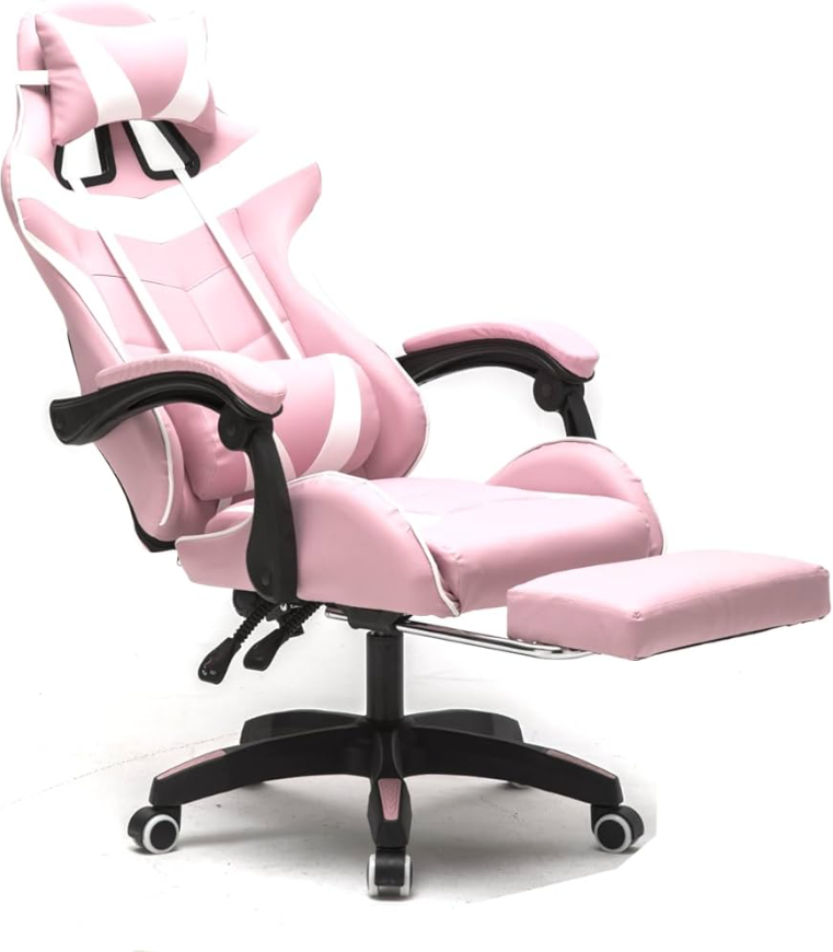 SILLA GAMER CON REPOSAPIES ROSADO Y BLANCO